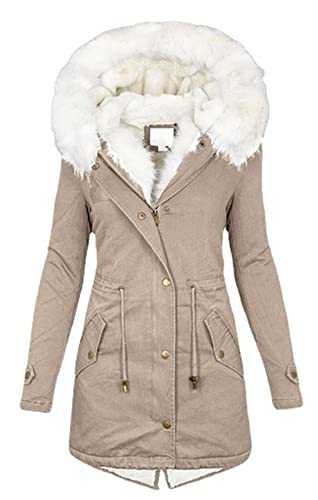 Winterjacke Damen Lang Winter Warm Gefütterte Kapuzenjacke Parka Damen Winter mit Fellkapuze Lässig Wintermantel Übergangsjacke Fleece Dicke Daunenjacke Bbequeme Outdoorjacke Softshelljacke,Khaki,M von WLDOCA