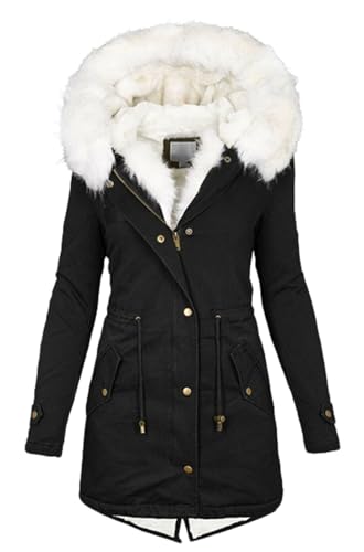 Winterjacke Damen Lang Winter Warm Gefütterte Kapuzenjacke Parka Damen Winter mit Fellkapuze Lässig Wintermantel Übergangsjacke Fleece Dicke Daunenjacke Bbequeme Outdoorjacke Softshelljacke,Schwarz,M von WLDOCA