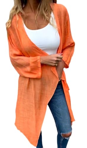 WLLDDDIU Damen Kimono Cardigan mit leichtem Rüschensaum Langen Ärmeln elegant vorne offen einfarbig Tunika Tops Bolero Achselzucken Oberteile Kleider Bikini Cover Up Schal Bluse XS Orange von WLLDDDIU