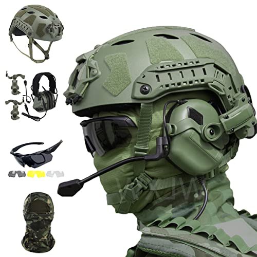 WLXW Fast SF Taktisches Helmset Mit Vollem Schutz, Mit Airsoft-Headset, DREI Gläsern, Schutzbrille Und Taktischer Maske, Für Paintball Wargame Military Set,Grün von WLXW