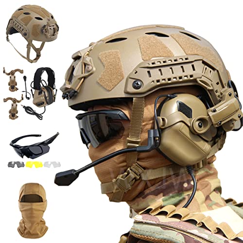 WLXW Fast SF Taktisches Helmset Mit Vollem Schutz, Mit Airsoft-Headset, DREI Gläsern, Schutzbrille Und Taktischer Maske, Für Paintball Wargame Military Set,Tan von WLXW