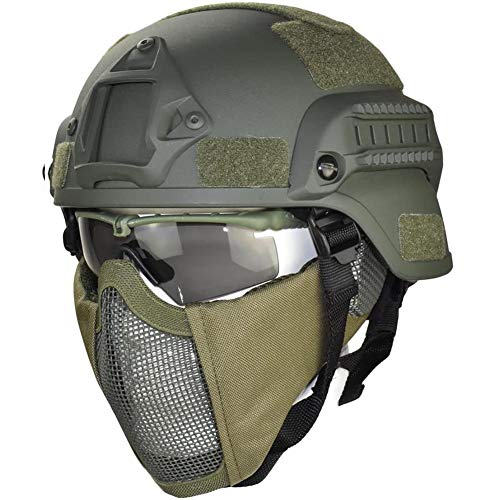 WLXW Mich 2000 Stil ACH Taktische Helm Mit Protect Ear Faltbare Doppelriemen Halb Gesicht Mesh Maske & Schutzbrille, Für Airsoft Paintball Gun,Grün von WLXW