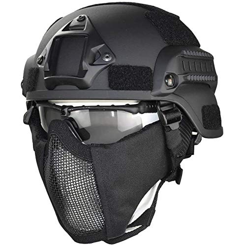 WLXW Mich 2000 Stil ACH Taktische Helm Mit Protect Ear Faltbare Doppelriemen Halb Gesicht Mesh Maske & Schutzbrille, Für Airsoft Paintball Gun,Schwarz von WLXW