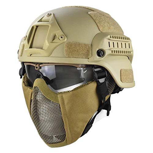 WLXW Mich 2000 Stil ACH Taktische Helm Mit Protect Ear Faltbare Doppelriemen Halb Gesicht Mesh Maske & Schutzbrille, Für Airsoft Paintball Gun,Tan von WLXW
