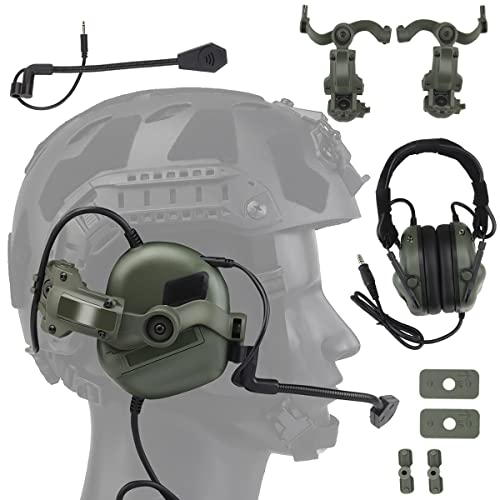 WLXW Taktisches Headset Für Airsoft (Am Kopf Und Am Helm Montiert), Wargame Hunting Outdoor Non-Military Tactical Earmuff (No Noise Reduction), Mit Helm-ARC-Schienen-Adapterarm,Grün von WLXW