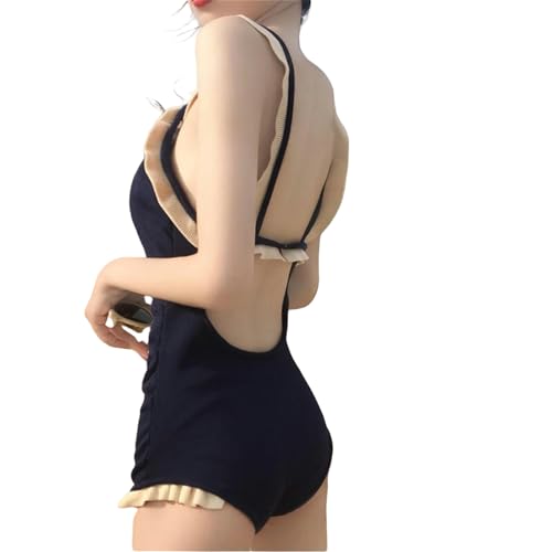 WMYQL Bademode Damen Ruffen Bikini Rückenless Schlanker Bauch Bedeckender Konservativer Einteiliger Badeanzug Frauen Heißer Frühling Badebekleidung-Dunkelblaue Reiskante-M von WMYQL
