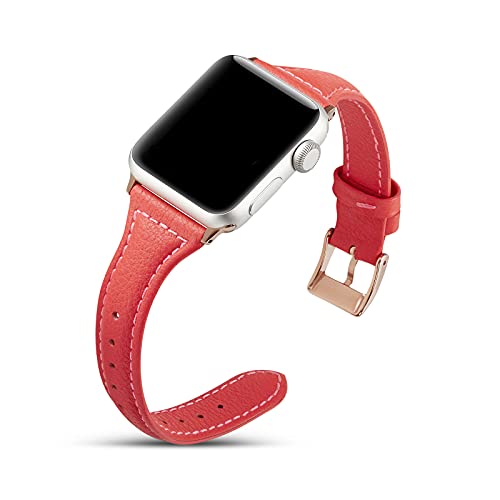 Leder Armband Kompatibel mit Apple Watch 9 41mm Rot Leder, Damen Armbänder Leder Ersatzarmband Bracelet Wrist Strap Uhrenband Ersatzbänder Kompatibel mit iWatch 41mm 40mm 38mm Series 9 8 7 6 5 4 3 2 1 von WNHTFAC