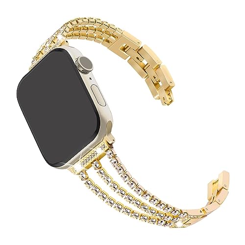 Metall Ersatz Armbänder Gold Kompatibel mit Apple Watch SE 40mm, Damen Mädchen Glitzer Diamant Edelstahl Armband Ersatzband Uhrenarmband Kompatibel mit iWatch 41mm 40mm 38mm Series 9 8 7 6 5 4 3 2 1 von WNHTFAC