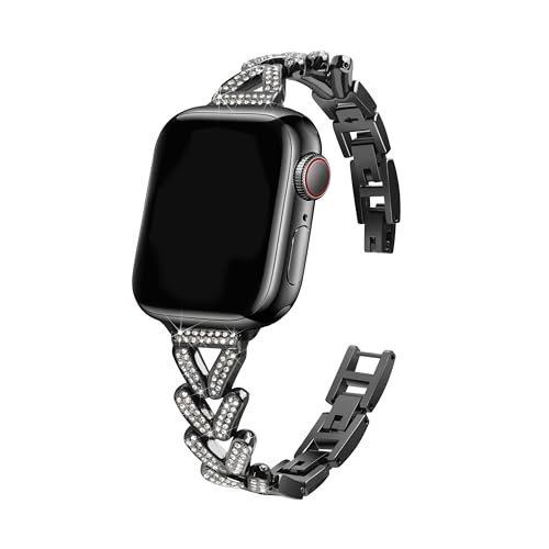 Schwarz Metall Armband Glitzer Kompatibel mit Apple Watch SE 44mm, Diamant Einstellbar Ersatz Armbänder Bracelet Uhrenarmband Kompatibel mit iWatch 49mm 45mm 44mm 42mm Serie Ultra 9 8 7 6 5 4 3 2 1 von WNHTFAC