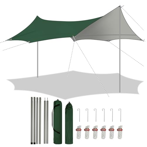 WOLTU Zeltplane Wasserdicht, Tarp mit Stangen Ösen, Camping Plane Sonnenschutz Ultraleicht, mit Windenseilen Erdnägeln Aufbewahrungstaschen, für Picknick Wandern, 4,4x4,4 m, Grün von WOLTU
