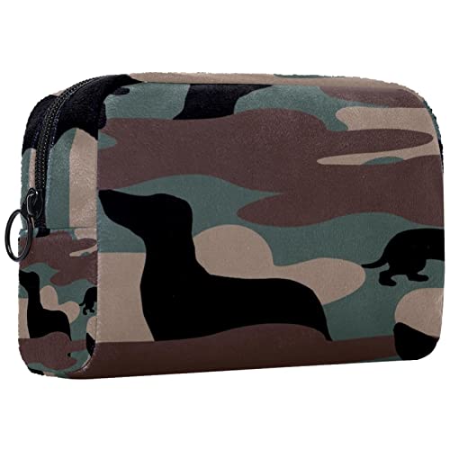 Reisekosmetiktasche,kleine Make-up-Tasche für Frauen,Camouflage-Dackel-Hund,Kosmetik-Organizer-Tasche mit Reißverschluss von WOSHJIUK