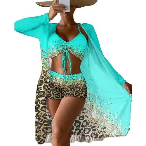 WOYUANSHA Bikini Badeanzug Damen Badeanzug Bluse Cover-Up Bedruckter Kordel Zug Bikini-Set Mit Hoher Taille Badeanzug Sonnenschutz Für Damen M Lakeblue von WOYUANSHA