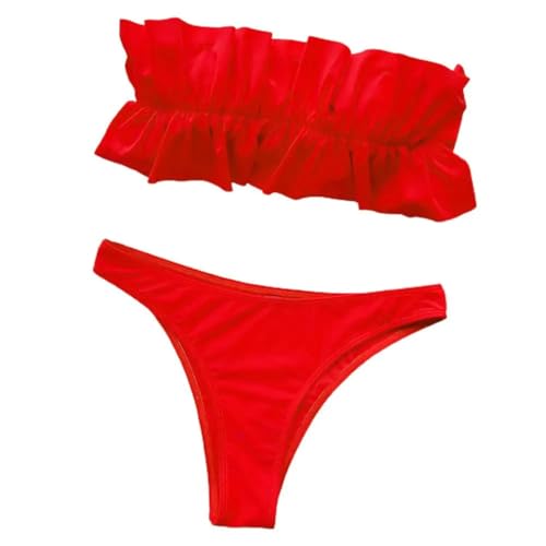 WOYUANSHA Bikini Badeanzug Damen Badeanzug Einfarbig Hohe Taille Strand Bekleidung Sexy Schulter Frei Rüschen Bandeau Bikini Set Schwimm Kleidung L Rot von WOYUANSHA