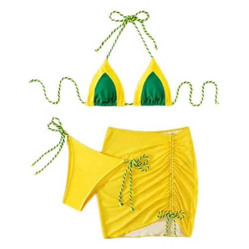 WOYUANSHA Bikini Badeanzug Damen Badeanzug Set Lace-Up-Halfter-Ausschnitt Bikini-Rock Set Frühling Badeanzug Bademode XL Gelb von WOYUANSHA