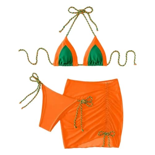 WOYUANSHA Bikini Badeanzug Damen Badeanzug Set Mit Schnürung Im Halfter-Ausschnitt Bikini-Rock Set Frühling Badeanzug Bademode L Orange von WOYUANSHA