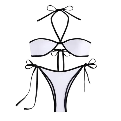 WOYUANSHA Bikini Badeanzug Damen Badeanzug Sexy Badeanzug Kontrast Farbe Schnürung Bikini-Set Mit Spaghetti Gurt Hals Für Frauen Für Surfen L Weiß von WOYUANSHA