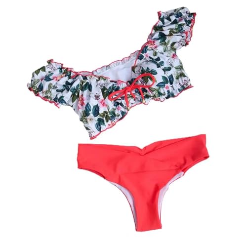 WOYUANSHA Bikini Badeanzug Damen Bademode Blatt Druck Rüschen Kurzarm Rücken Frei Geteilte Bikini Für Strand M Pink von WOYUANSHA