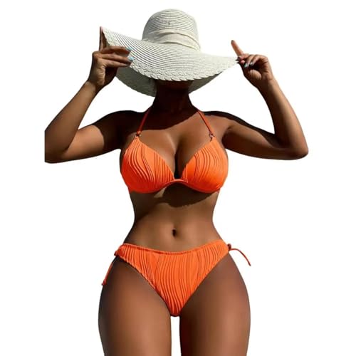 WOYUANSHA Bikini Badeanzug Damen Bademode Einfarbig Badeanzug Stilvolles Damen-Bikini-Set Mit Halfter-Ausschnitt Mit Niedriger Taille Schnell Trocknend Weich L Orange von WOYUANSHA