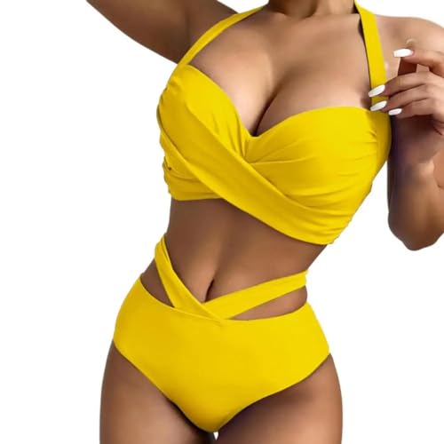 WOYUANSHA Bikini Badeanzug Damen Bademode Set Mit Massivem Hals Hohe Taille Frauen Badeanzug Für Strand 2XL Gelb von WOYUANSHA