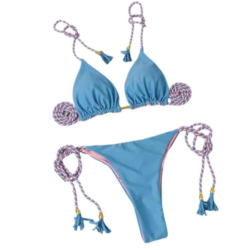 WOYUANSHA Bikini Badeanzug Damen Bikini-Bikini-Bikini-Set Mit Schnürung Und Schulter Schnürung Bikini-Set Patchwork-Weicher Bikini L-Blau von WOYUANSHA
