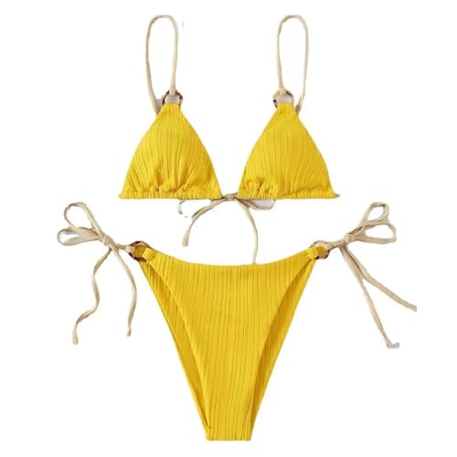 WOYUANSHA Bikini Badeanzug Damen Bikini Set Einfarbig Spaghetti Gurt Klassischer Frauen Badeanzug Für Wassersport L Gelb von WOYUANSHA