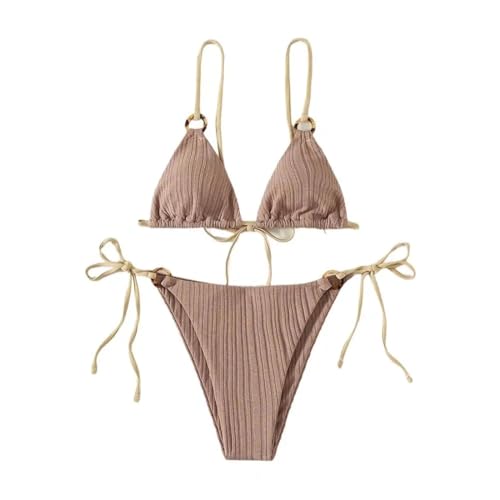 WOYUANSHA Bikini Badeanzug Damen Bikini-Set Einfarbiger Spaghetti-Träger Klassischer Damen-Badeanzug Für Wassersport XL Light Coffee von WOYUANSHA