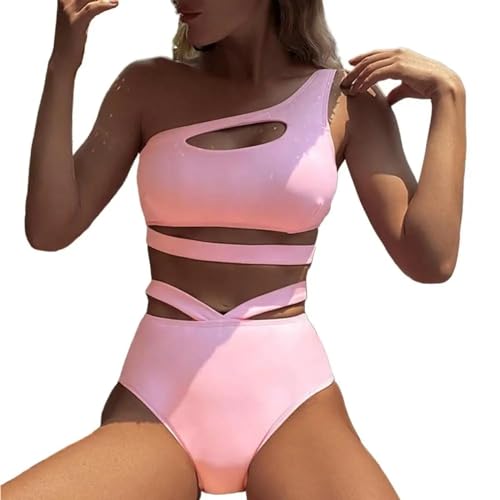 WOYUANSHA Bikini Badeanzug Damen Einfarbiger Bügel Mit Hohl Gurt Draht Frei Sexy Badeanzug EIN Schulter BH Mit Hoher Taille Höschen Bikini-Set XL Pink von WOYUANSHA