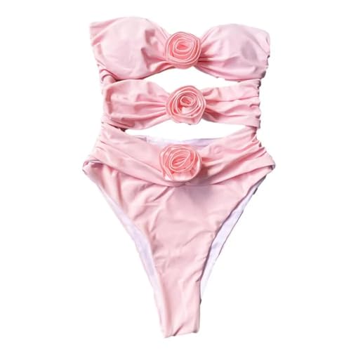 WOYUANSHA Bikini Badeanzug Damen Falten Badeanzug Elegant Schulter Frei Mit 3D-Blumendekor Rücken Freies Design Für Frauen Für Lady M Pink von WOYUANSHA