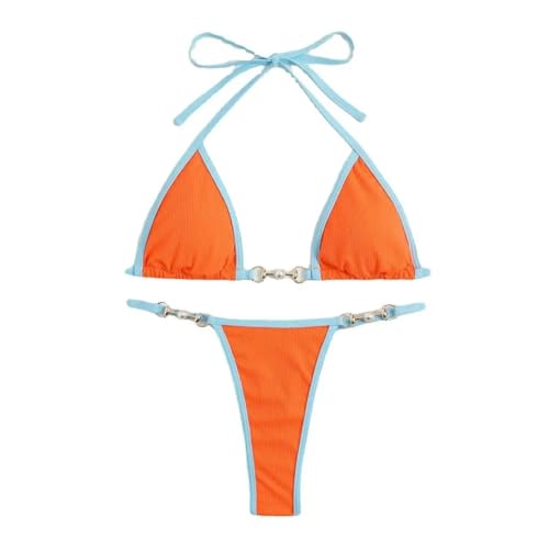 WOYUANSHA Bikini Badeanzug Damen Frauen Bikini Set DREI-Punkte-Exposed Rücken Los Frauen Bademode Hals Schwimmen Schnürung Pearl Lady Badeanzug L Orange von WOYUANSHA