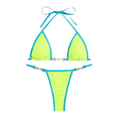 WOYUANSHA Bikini Badeanzug Damen Frauen Bikini Set DREI-Punkte-Exposed Rücken Los Frauen Bademode Hals Schwimmen Schnürung Pearl Lady Badeanzug M Grün von WOYUANSHA