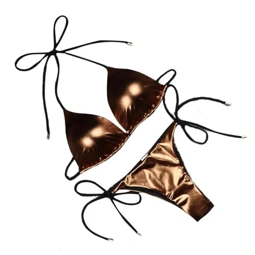 WOYUANSHA Bikini Badeanzug Damen Frauen Bikini Set Glatte Oberfläche Reflektierende Gepolsterte Draht Frei Rücken Frei Frauen Bademode M Kaffee von WOYUANSHA