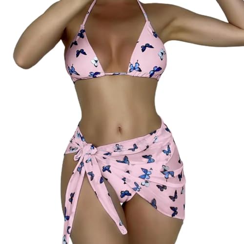 WOYUANSHA Bikini Badeanzug Damen Geteilte Bikini-Schmetterlinge Drucken Damen Rücken Loser Dreieckiger Badeanzug Für Schwimmen M Pink von WOYUANSHA