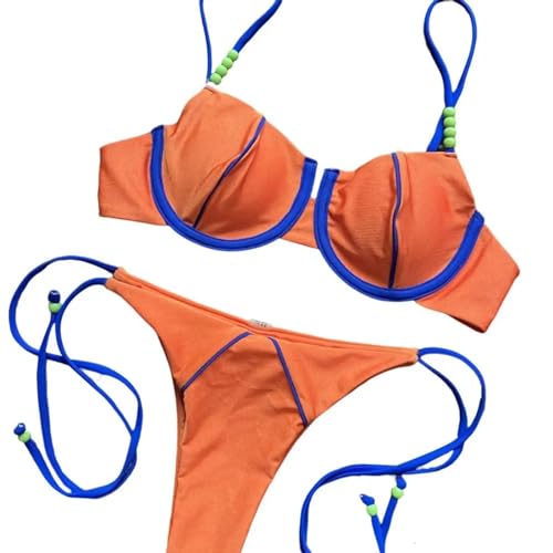 WOYUANSHA Bikini Badeanzug Damen Mädchen Bademode Attraktive Slim Fit Bikini Set Push-Up BH Mit Niedriger Taille Slice Farbe Badeanzug L Orange von WOYUANSHA