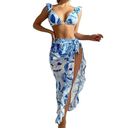 WOYUANSHA Bikini Badeanzug Damen Micro Triangle Flying Sleeve Bikini Rock Set Elastische Taille Blumen Druck BH Tanga Rüschen Besatz Für Schwimmen L Blau von WOYUANSHA