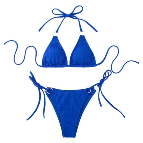 WOYUANSHA Bikini Badeanzug Damen Modische Damen-Badeanzug-Set Mit Metall-Haken-Dekor-Gurt-Schnürung Rücken Frei L Blau von WOYUANSHA