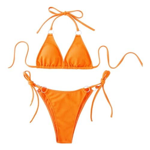 WOYUANSHA Bikini Badeanzug Damen Modische Damen-Badeanzug-Set Mit Metall-Haken-Dekor-Gurt-Schnürung Rücken Frei L Orange von WOYUANSHA