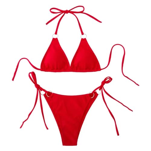 WOYUANSHA Bikini Badeanzug Damen Modische Damen-Badeanzug-Set Mit Metall-Haken-Dekor-Gurt-Schnürung Rücken Frei L Rot von WOYUANSHA