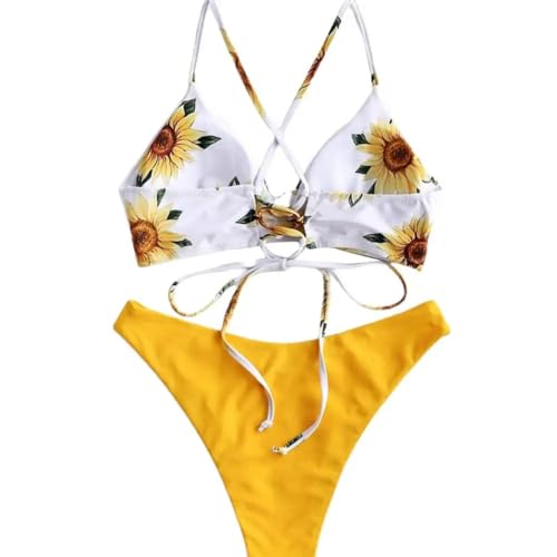 WOYUANSHA Bikini Badeanzug Damen Rücken Freie Badeanzug-Krawatten Gürtel Split-Print Bademode Für Strand L Gelb von WOYUANSHA