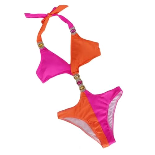 WOYUANSHA Bikini Badeanzug Damen Schlank Anliegender Badeanzug Strass Hohe Taille Badeanzug Sexy Farb Block L Orange von WOYUANSHA