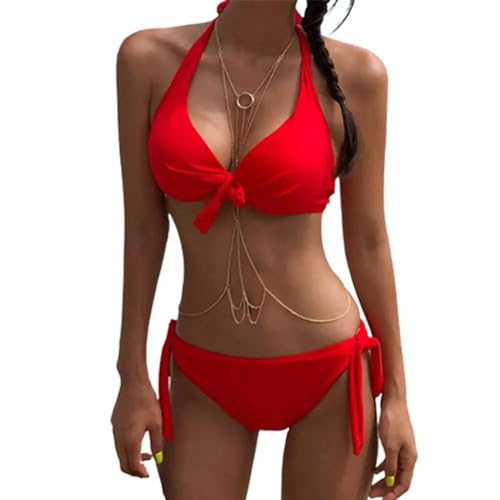 WOYUANSHA Bikini Badeanzug Damen Schulter Freier Badeanzug Gürtel Zweiteiliges Sexy V-Ausschnitt Fluor Zierende Farbe Bikini Für Strand M Rot von WOYUANSHA