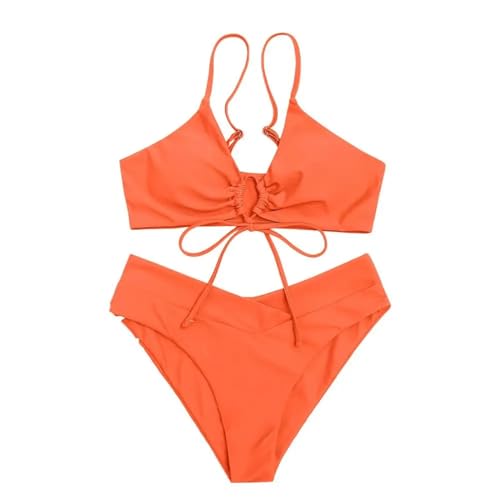 WOYUANSHA Bikini Badeanzug Damen Sexy Bikini Set Sling Gepolsterte BH Mit Hoher Taille Slips Set Einfarbig Geteiltes Design Bademode M Orange von WOYUANSHA