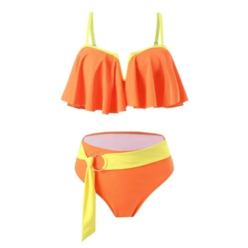 WOYUANSHA Bikini Badeanzug Damen Sexy Bikini Set V-Ausschnitt Sling Rüschen Hem BH Hohe Taille Band Schwimm-Slip Set XL Orange von WOYUANSHA