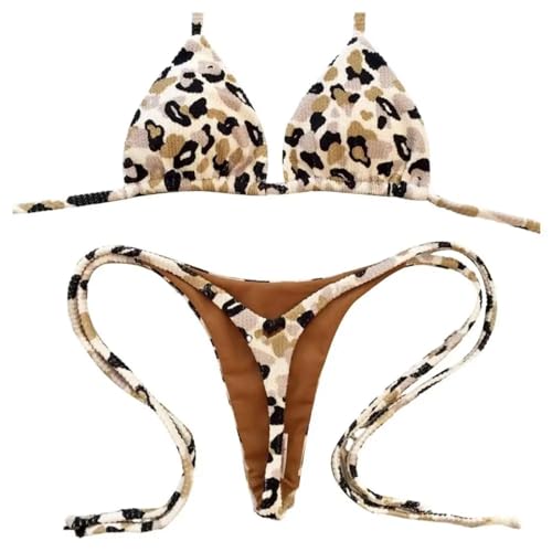 WOYUANSHA Bikini Badeanzug Damen Sexy Frauen Bikini Set Mit Leoparden Muster Hohe Taille Schnürung Tanga Set Badeanzug Strand Kleidung M Khaki von WOYUANSHA