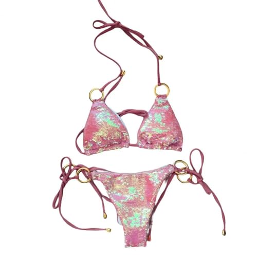 WOYUANSHA Bikini Badeanzug Damen Sexy Glänzende Pailletten Bikini-Set Ring Gebundener Weiblicher Badeanzug Tanga Bademode Badeanzug Schwimmen M Pink von WOYUANSHA