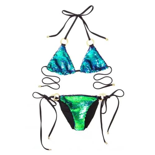 WOYUANSHA Bikini Badeanzug Damen Sexy Glänzende Pailletten Bikini-Set Ring Gebundener Weiblicher Badeanzug Tanga Bademode Badeanzug Schwimmen S Grün von WOYUANSHA