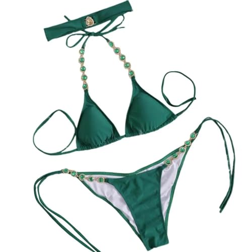 WOYUANSHA Bikini Badeanzug Damen Split Bikini Einfarbige Strass Steine Vintage Verstellbare Reine Farbe Bade Bekleidung Für Schwimmen L Grün von WOYUANSHA