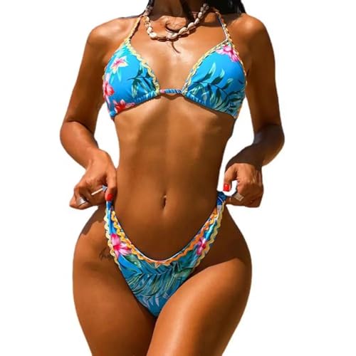 WOYUANSHA Bikini Badeanzug Damen Split Bikini Floral Print Schnürung Sexy Rücken Freie Ärmellose Bade Bekleidung Für Schwimmen M Blau von WOYUANSHA