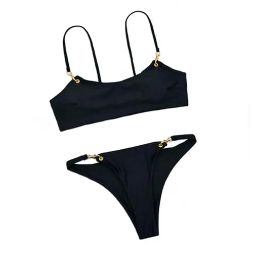 WOYUANSHA Bikini Badeanzug Damen Split Bikini Gepolstert Atmungsaktiv Einstellbar Reine Farbe Bademode Set Für Wasser Aktivität S Schwarz von WOYUANSHA