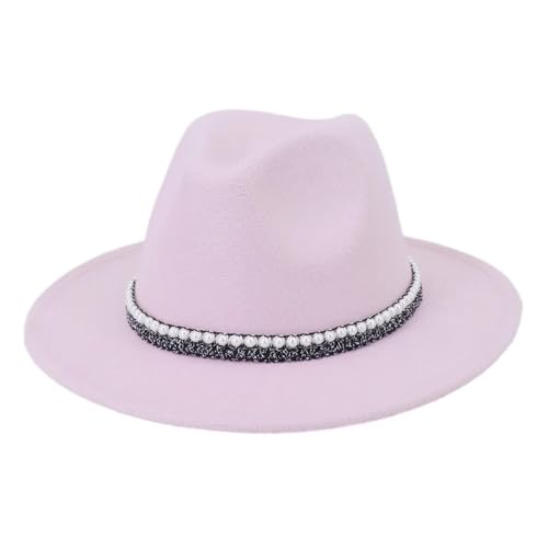 WOYUANSHA Cowboyhüte Breite Fedora-Hüte Mit Perle Bdamen-Perlenzylinder Formell Modisch Panama-Stil Trilby-Filzkappe 56 Bis 58 cm Rosa von WOYUANSHA