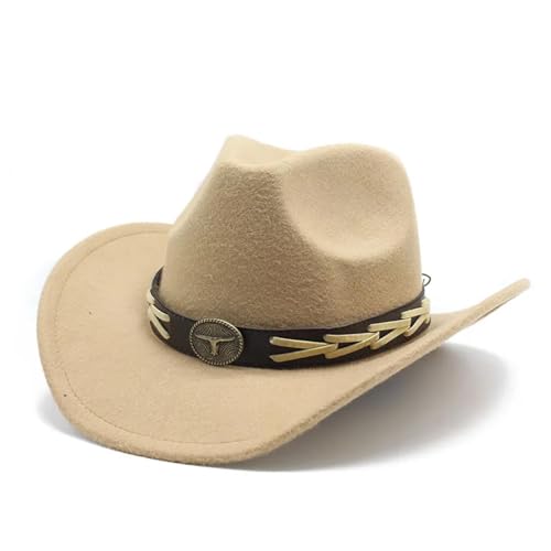 WOYUANSHA Cowboyhüte Western-Cowboyhut Für Herren Stierförmiges Dekor Fedora-Hüte Vintage-Kirchenkappen 56–58 cm Kamel von WOYUANSHA